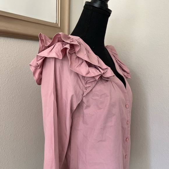 Essue Poplin Ruffle Button Down Shirt Statement Sleeves - Picture 3 of 5